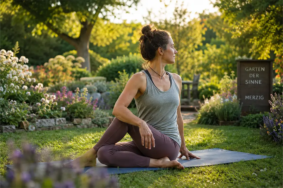 Yoga im Garten der Sinne Merzig Frau in ruhiger Yoga-Haltung im Garten der Sinne in Merzig bei warmem Abendlicht